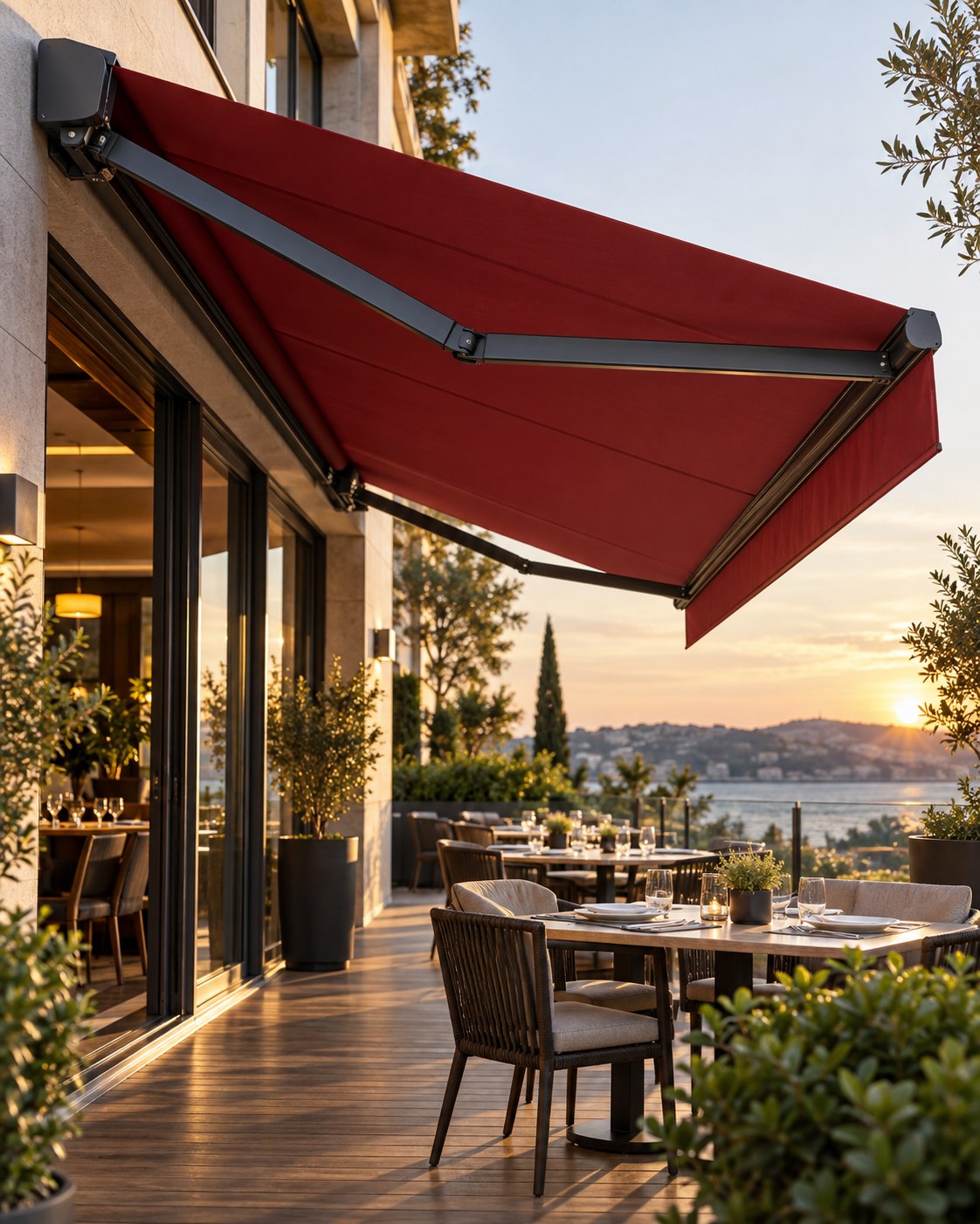 Restoran terasında profesyonel mafsallı tente uygulaması